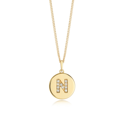Pave Setting Yellow Gold Round disc letter n Pendant Necklaces