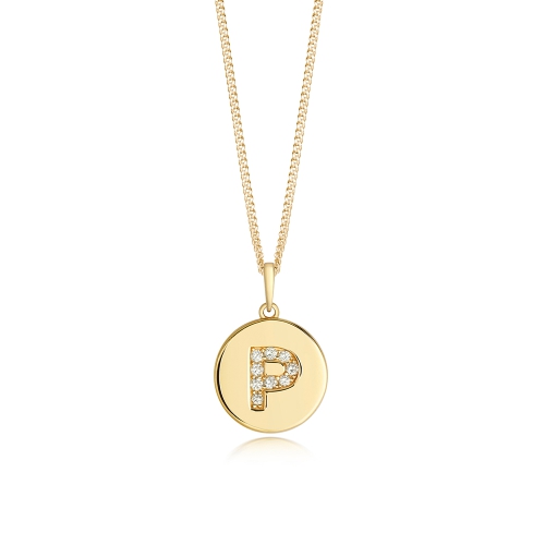 Pave Setting Yellow Gold Round disc letter p Pendant Necklaces
