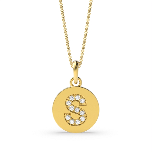 Pave Setting Yellow Gold Round disc letter s Pendant Necklaces