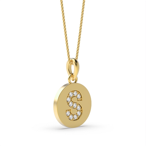 Pave Setting Yellow Gold Round disc letter s Pendant Necklaces