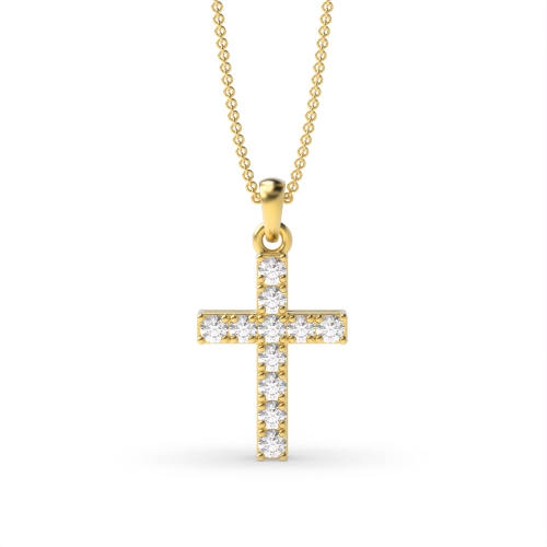 4 Prong Round Yellow Gold Elegant Cross Pendant Necklace