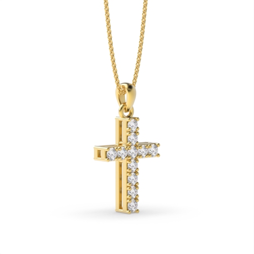 4 Prong Round Yellow Gold Elegant Cross Pendant Necklace