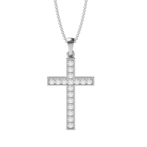 Channel Setting Round Lab Grown Diamond Platinum & Gold Cross Necklace(24.3mm X 12.7mm)
