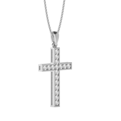 Channel Setting Round Sparkle Naturally Mined Diamond Cross Pendant Necklace