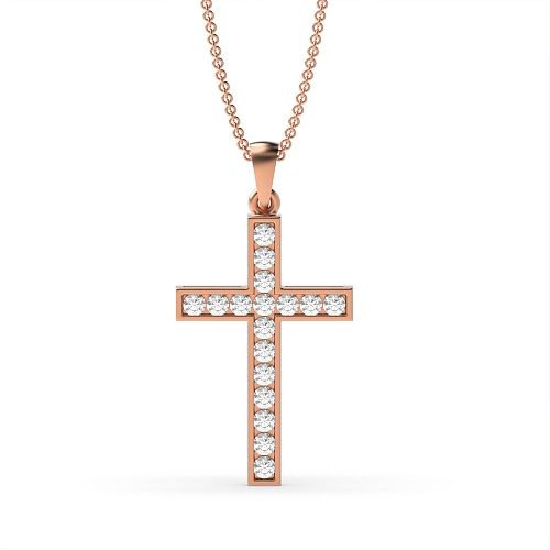 Channel Setting Round Rose Gold Sparkle Cross Pendant Necklace