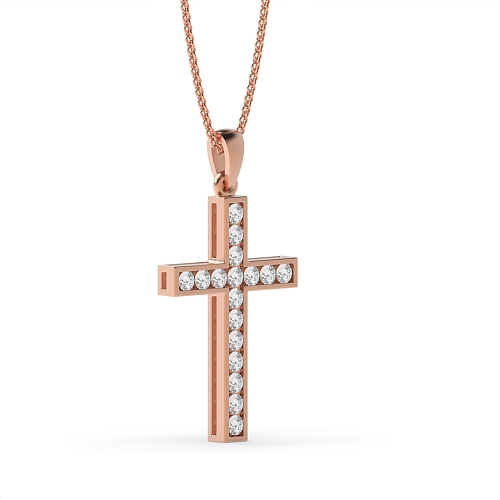 Channel Setting Round Rose Gold Sparkle Cross Pendant Necklace