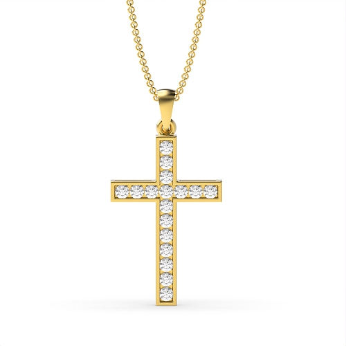 Channel Setting Round Yellow Gold Sparkle Cross Pendant Necklace