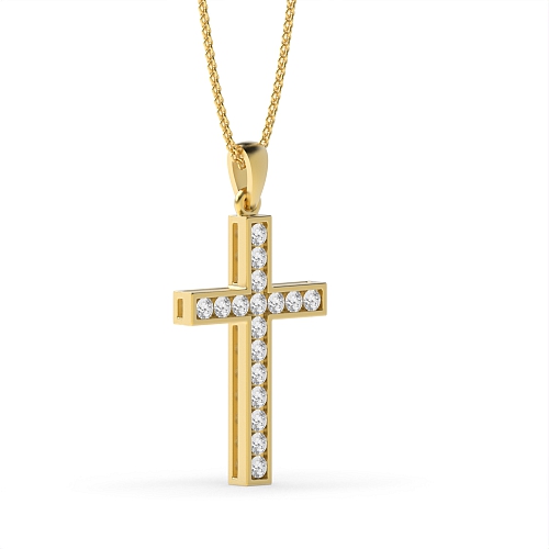 Channel Setting Round Yellow Gold Sparkle Cross Pendant Necklace