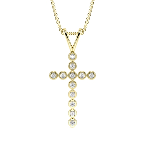4 Prong Round  Diamond Cross Necklace in Gold & Platinum(24.2mm X 11.5mm)