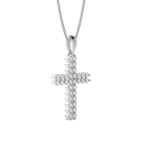 3 Prong Round Two Row Lab Grown Diamond Cross Pendant Necklace