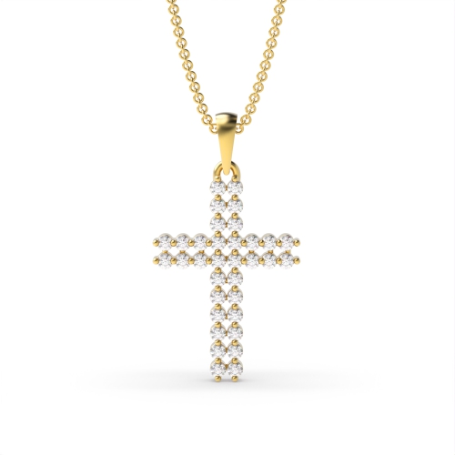 3 Prong Round Yellow Gold Cross Pendant Necklace