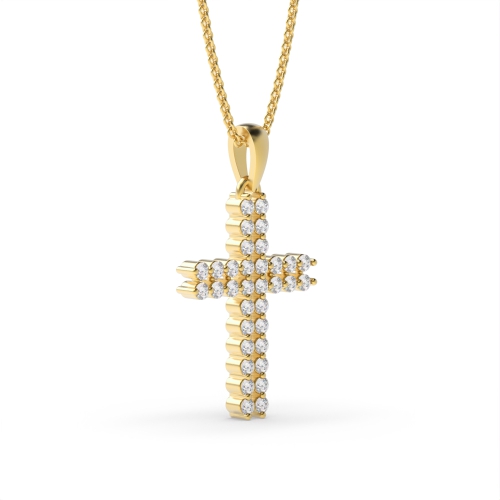 3 Prong Round Yellow Gold Cross Pendant Necklace