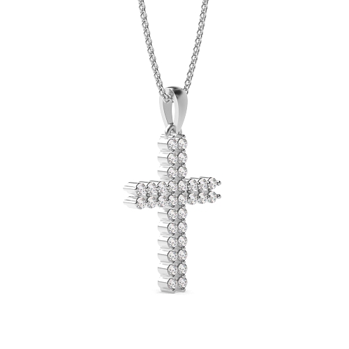 3 Prong Round Two Row Moissanite Cross Pendant Necklace