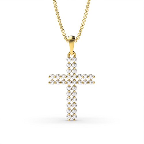 3 Prong Round Yellow Gold Two Row Cross Pendant Necklace