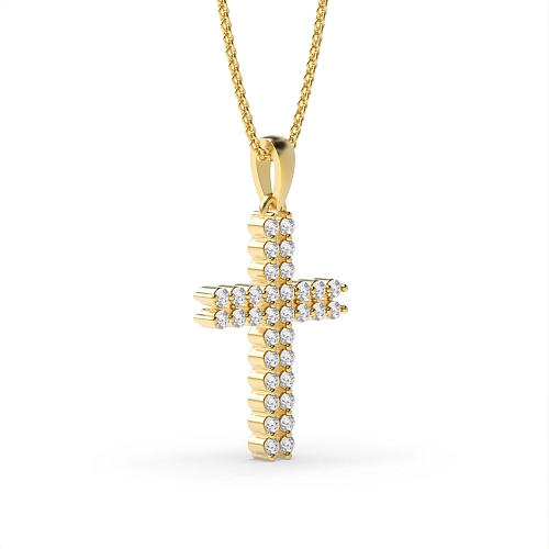 3 Prong Round Yellow Gold Two Row Cross Pendant Necklace