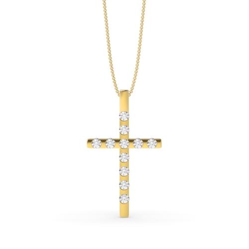 Flush Setting Round Yellow Gold ApexCircle Cross Pendant Necklace