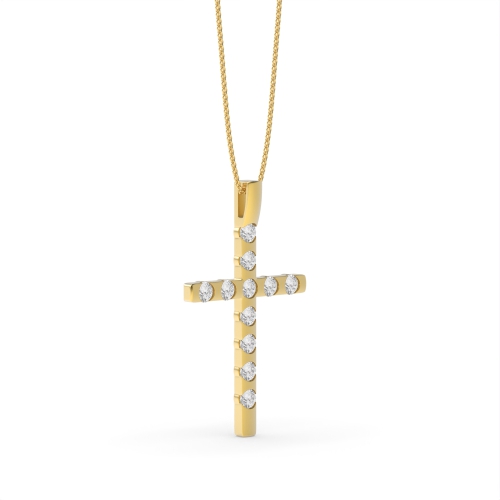 Flush Setting Round Yellow Gold ApexCircle Cross Pendant Necklace