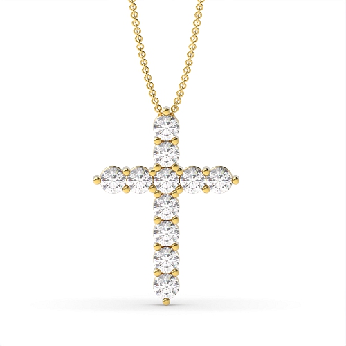 4 Prong Round Yellow Gold classic Cross Pendant Necklace