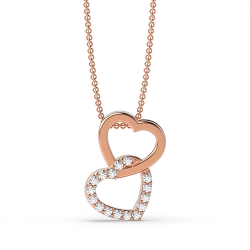 4 Prong Round Rose Gold Double Heart Pendant Necklace