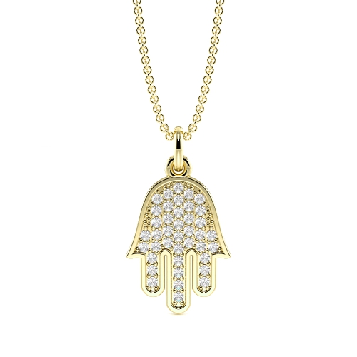 Pave Setting Round Yellow Gold Hamsa Cluster Pendant Necklaces