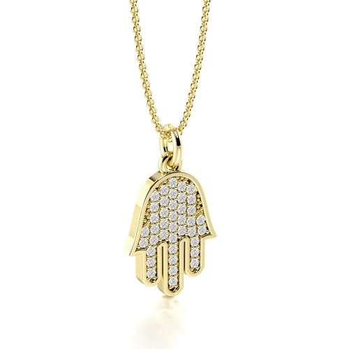 Pave Setting Round Yellow Gold Hamsa Cluster Pendant Necklaces