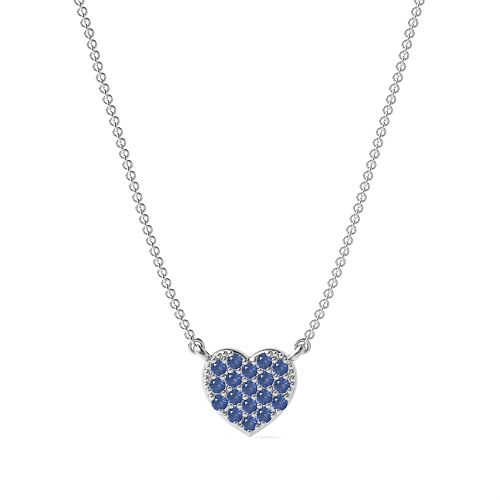 Pave Setting Round cluster Blue Sapphire Heart Pendant Necklace