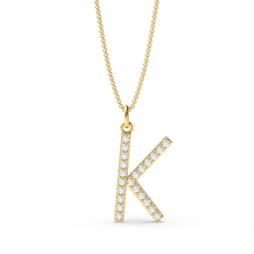 Pave Setting Round Yellow Gold Alphabet k letter Pendant Necklaces