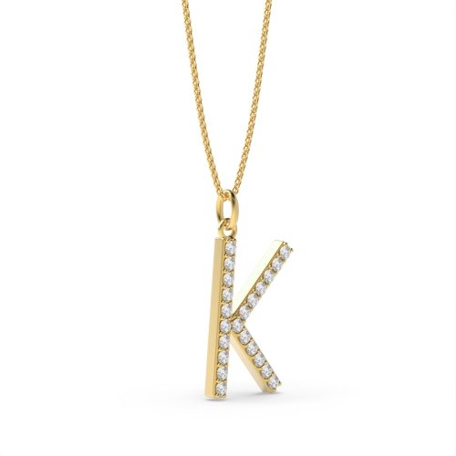 Pave Setting Round Yellow Gold Alphabet k letter Pendant Necklaces