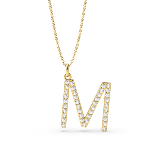 Pave Setting Round Yellow Gold Alphabet m letter Pendant Necklaces