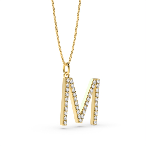 Pave Setting Round Yellow Gold Alphabet m letter Pendant Necklaces