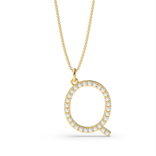Pave Setting Round Yellow Gold Alphabet q letter Pendant Necklaces