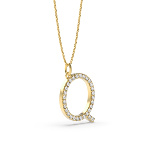 Pave Setting Round Yellow Gold Alphabet q letter Pendant Necklaces