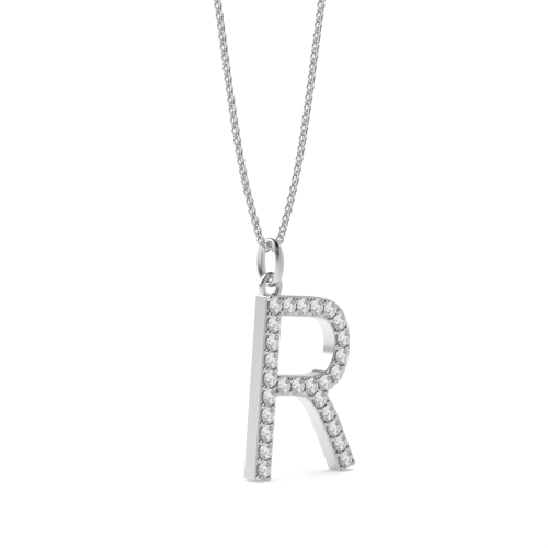 Pave Setting Round Silver Alphabet r letter Pendant Necklaces