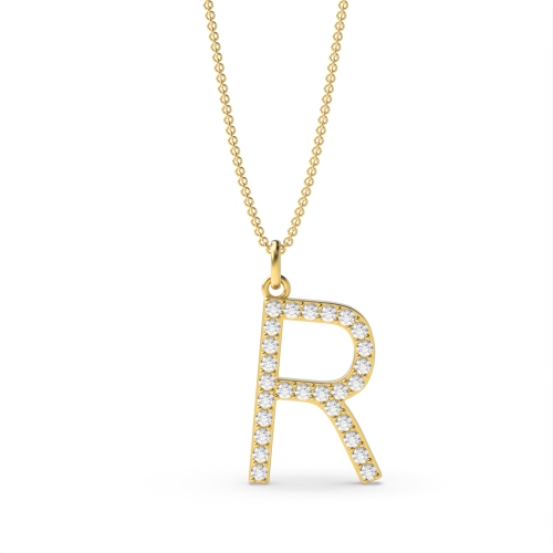 Pave Setting Round Yellow Gold Alphabet r letter Pendant Necklaces