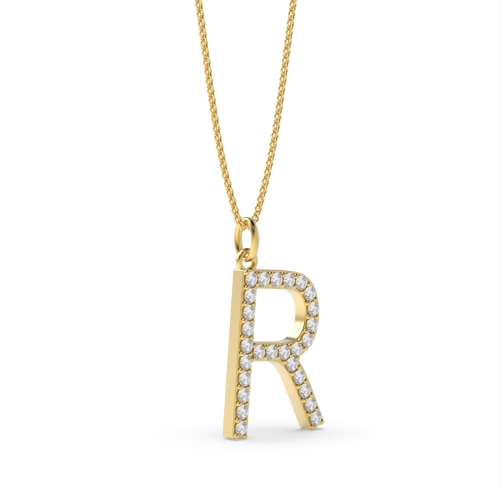 Pave Setting Round Yellow Gold Alphabet r letter Pendant Necklaces