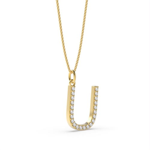 Pave Setting Round Yellow Gold Alphabet u letter Pendant Necklaces