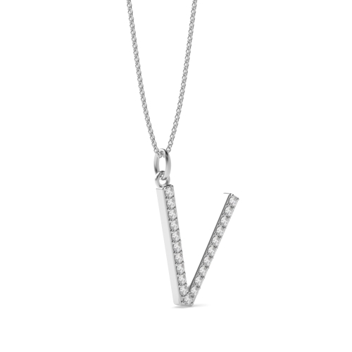 Pave Setting Round Silver Alphabet v letter Pendant Necklaces