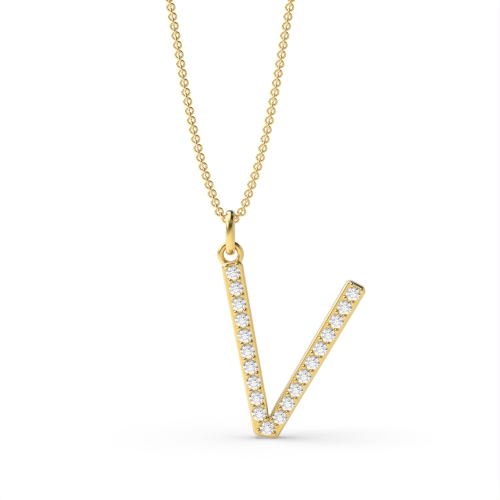 Pave Setting Round Yellow Gold Alphabet v letter Pendant Necklaces