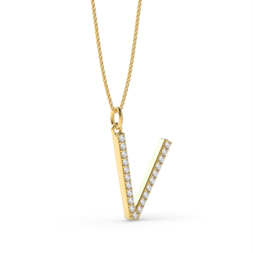 Pave Setting Round Yellow Gold Alphabet v letter Pendant Necklaces