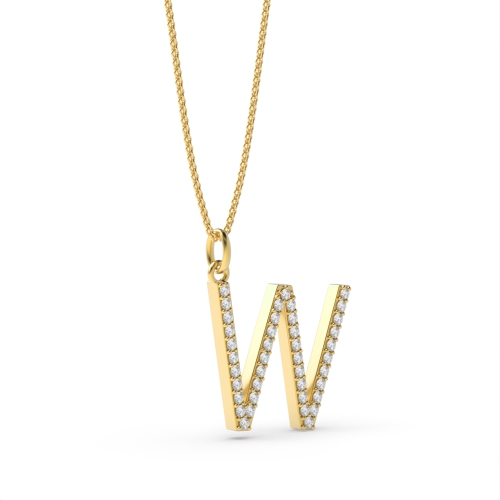 Pave Setting Round Yellow Gold Alphabet w letter Pendant Necklaces