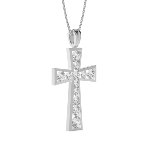 Channel Setting Round Elegant Naturally Mined Diamond Cross Pendant Necklace