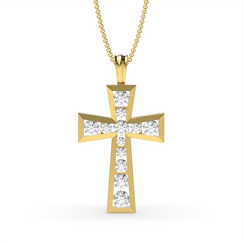 Channel Setting Round Yellow Gold Elegant Cross Pendant Necklace