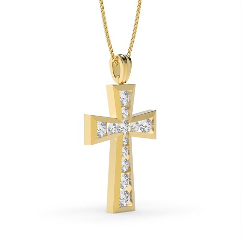 Channel Setting Round Yellow Gold Elegant Cross Pendant Necklace