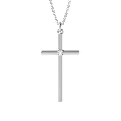 4 Prong Round Minimal Single Naturally Mined Diamond Cross Pendant Necklace