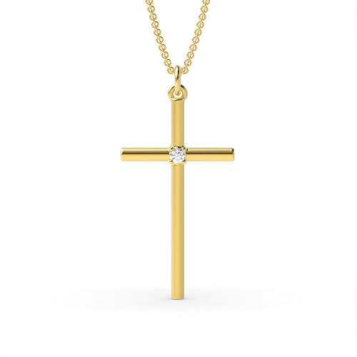 4 Prong Round Yellow Gold Minimal Single Cross Pendant Necklace