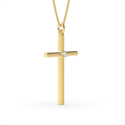 4 Prong Round Yellow Gold Minimal Single Cross Pendant Necklace