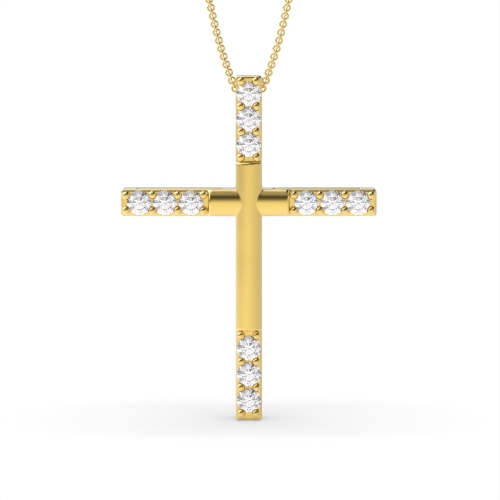 4 Prong Round Yellow Gold Modern Stylish Cross Pendant Necklace