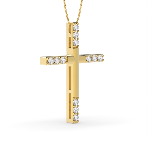 4 Prong Round Yellow Gold Modern Stylish Cross Pendant Necklace