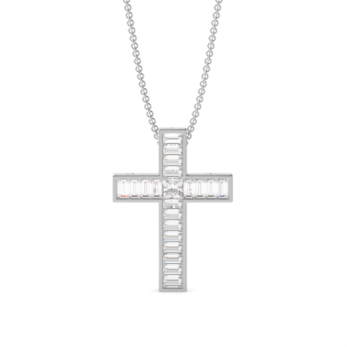 Channel Setting Baguette Cross Pendant Necklaces