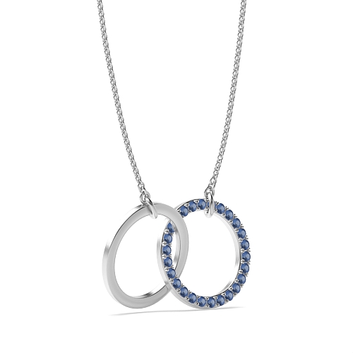 Pave Setting Round Interlocking two Blue Sapphire Pendant Necklaces